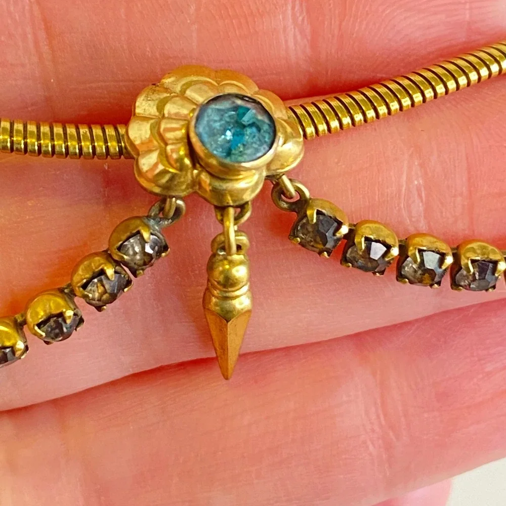 Vintage Gold‎ Filled Blue Rhinestone Festoon Snake Chain Spike Necklace 15